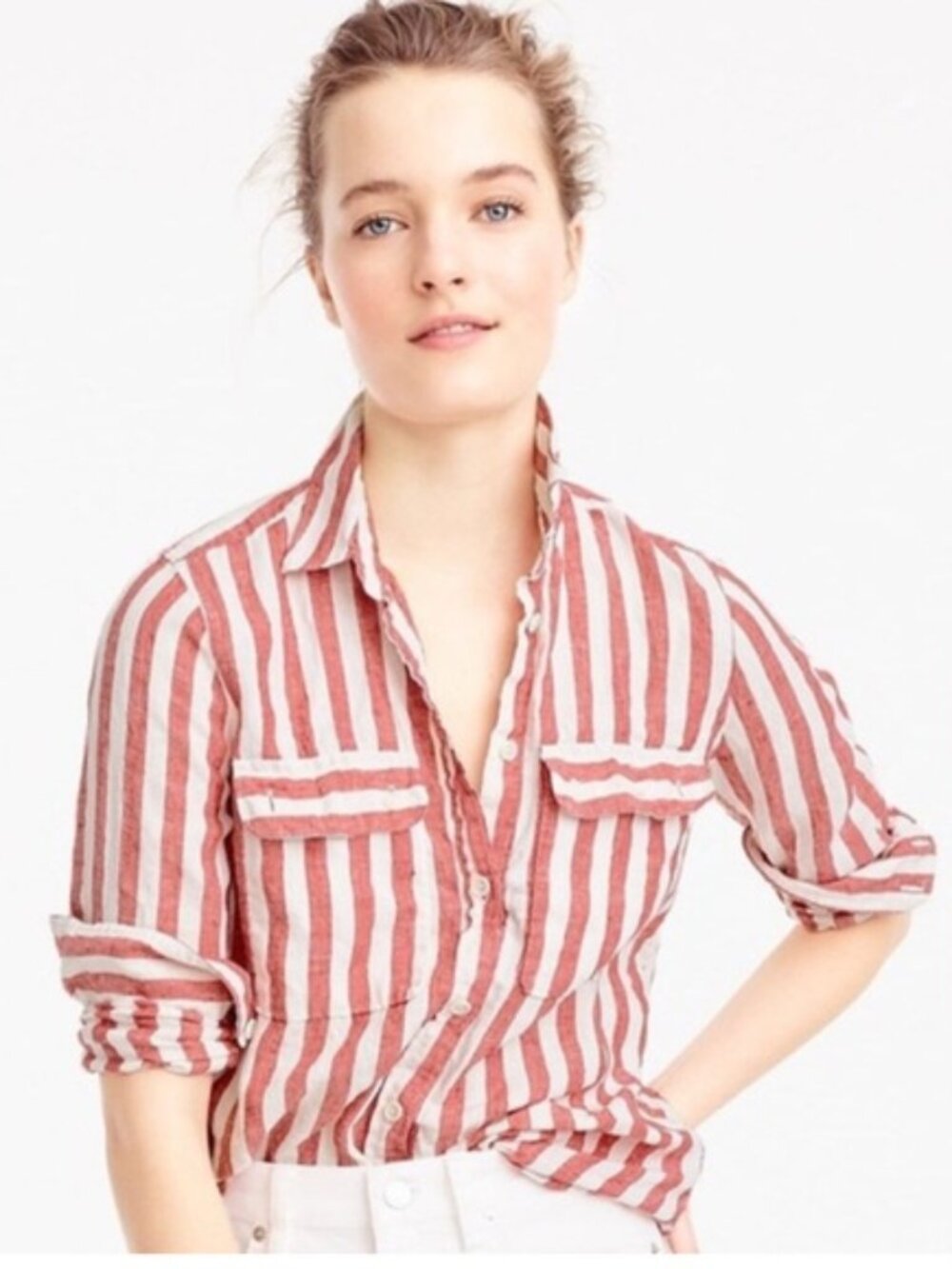 J. Crew Button Up Linen Shirt in Red Stripe, Size 2
